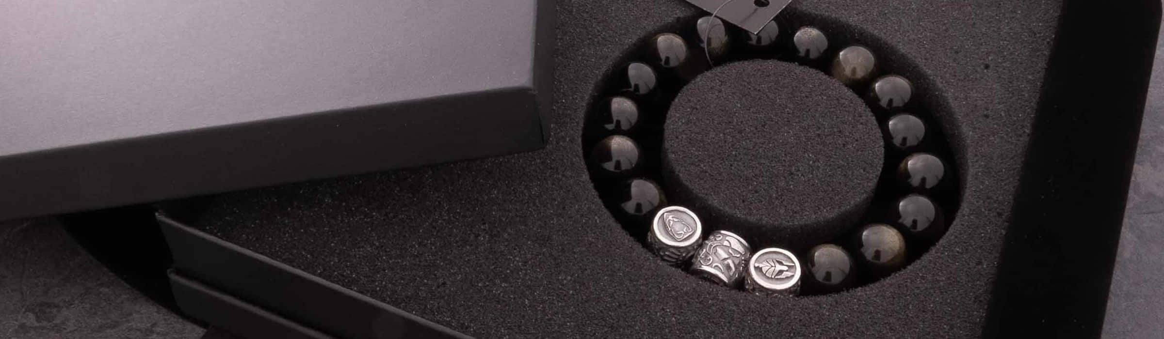Armband van Gouden obsidiaan 12 millimeter met 925 zilver Efeziërs wapenuitrusting