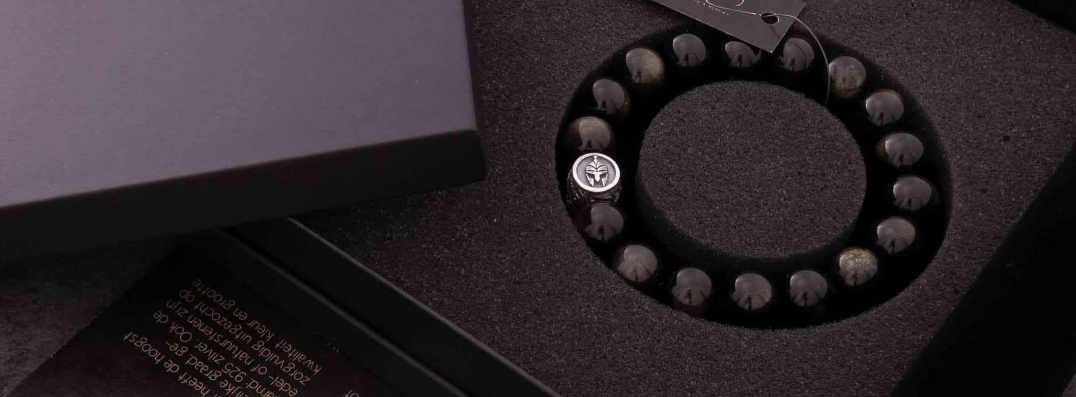 Armband van Gouden obsidiaan 12 millimeter met 925 zilver Efeziërs wapenuitrusting