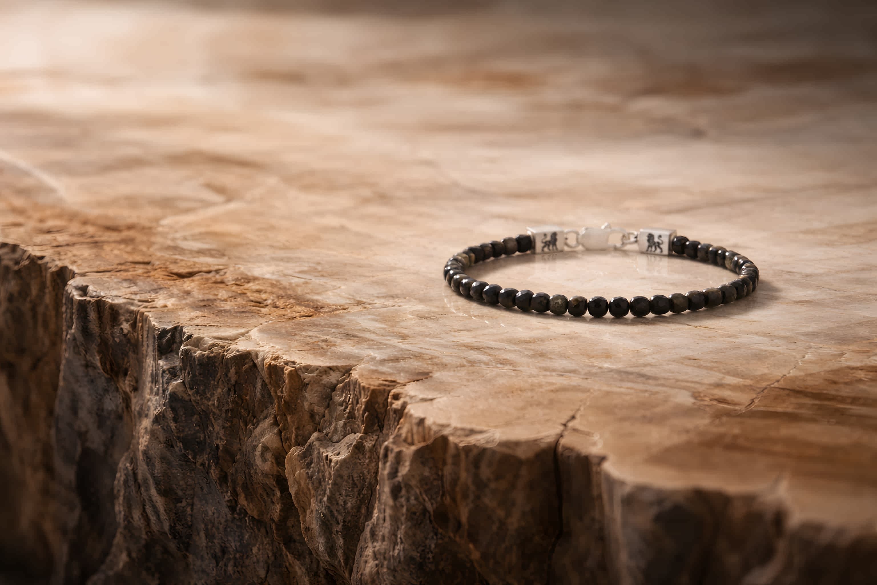 Voloria hero banner gouden obsidiaan armband op versteend hout